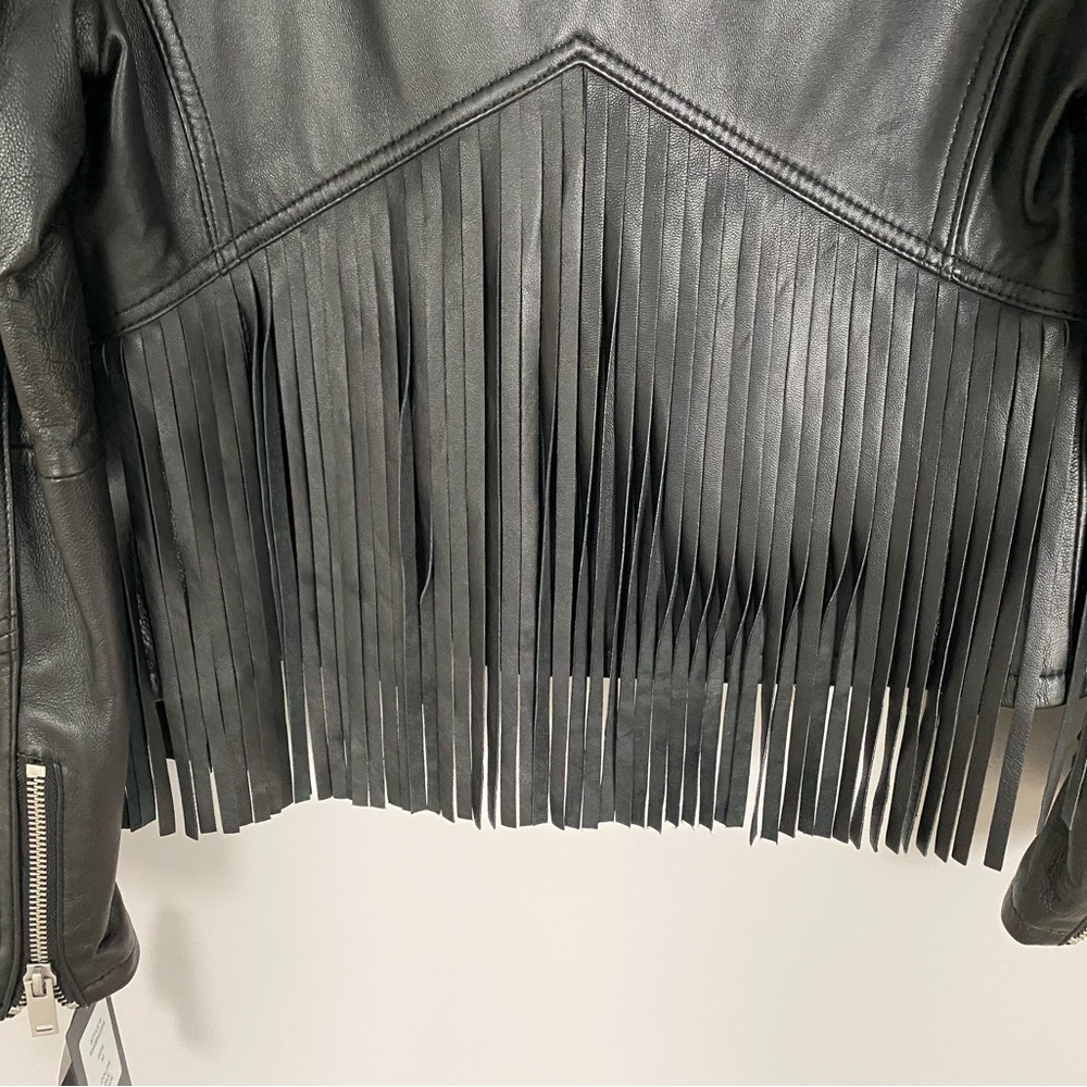 Black Genuine Leather Jacket with Fringe Accents - Picture 5 of 6